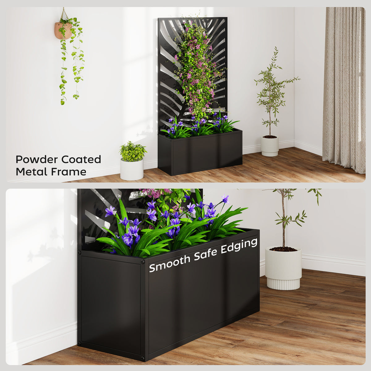 Metal Planter with Leaf-Pattern Trellis, Black