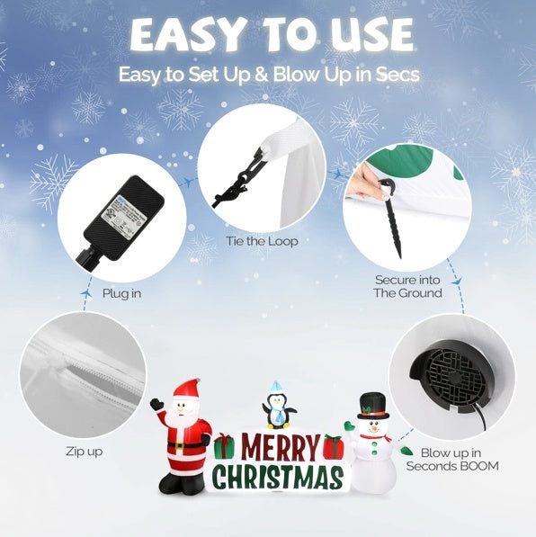 Inflatable Santa Snowman Merry Christmas Sign - 8ft LED Yard Decoration