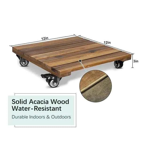 12-Inch Square Wooden Plant Caddy with Easy-Move Casters