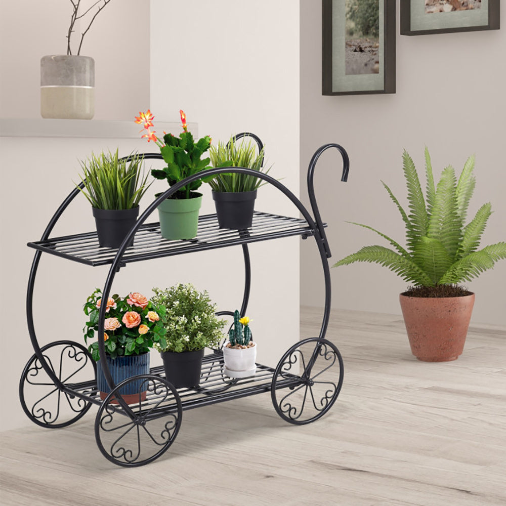 26" Black Rolling Plant Stand – 2-Tier Parisian Cart Style, Indoor & Outdoor
