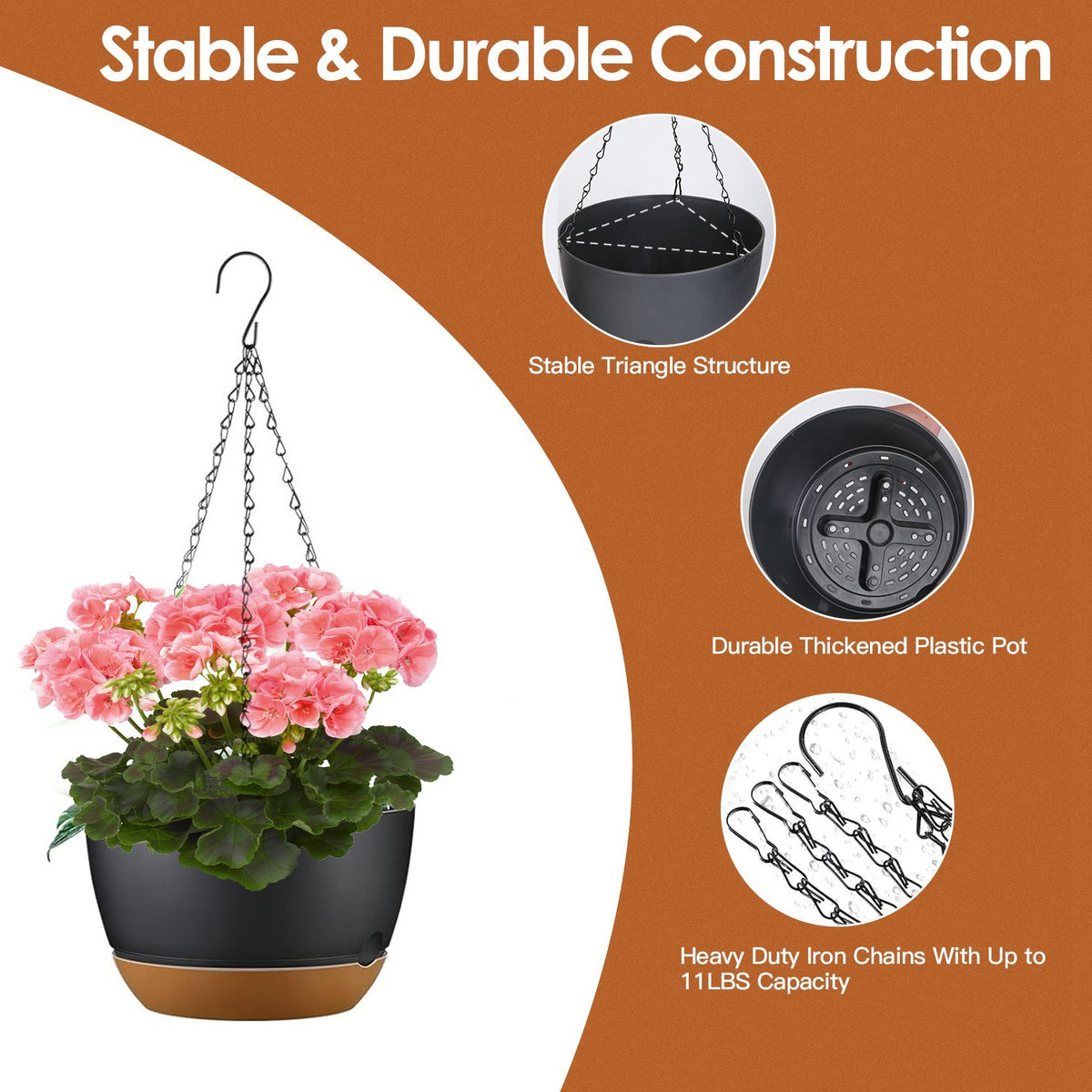 Hanging Planters with Self-Watering Trays 4-Pack 9.6-Inch Grey
