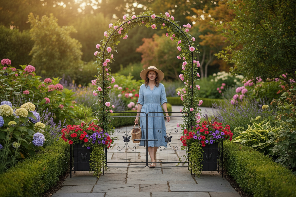 Woman in a garden with a floral arch and colorful flowers