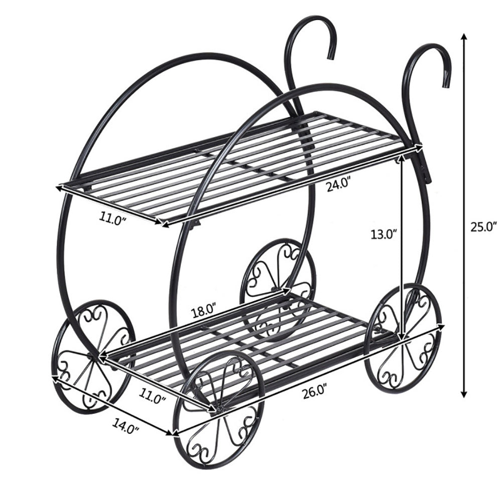 26" Black Rolling Plant Stand – 2-Tier Parisian Cart Style, Indoor & Outdoor