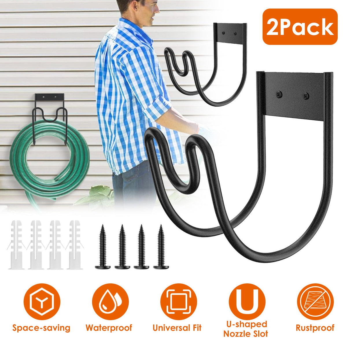 Stainless Steel Hose Holder Wall Mount, 2-Pack – Rust-Proof with Nozzle Slot
