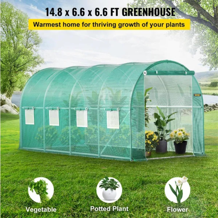 Walk-In Tunnel Greenhouse with 8 Roll-Up Windows, 14.8 ft
