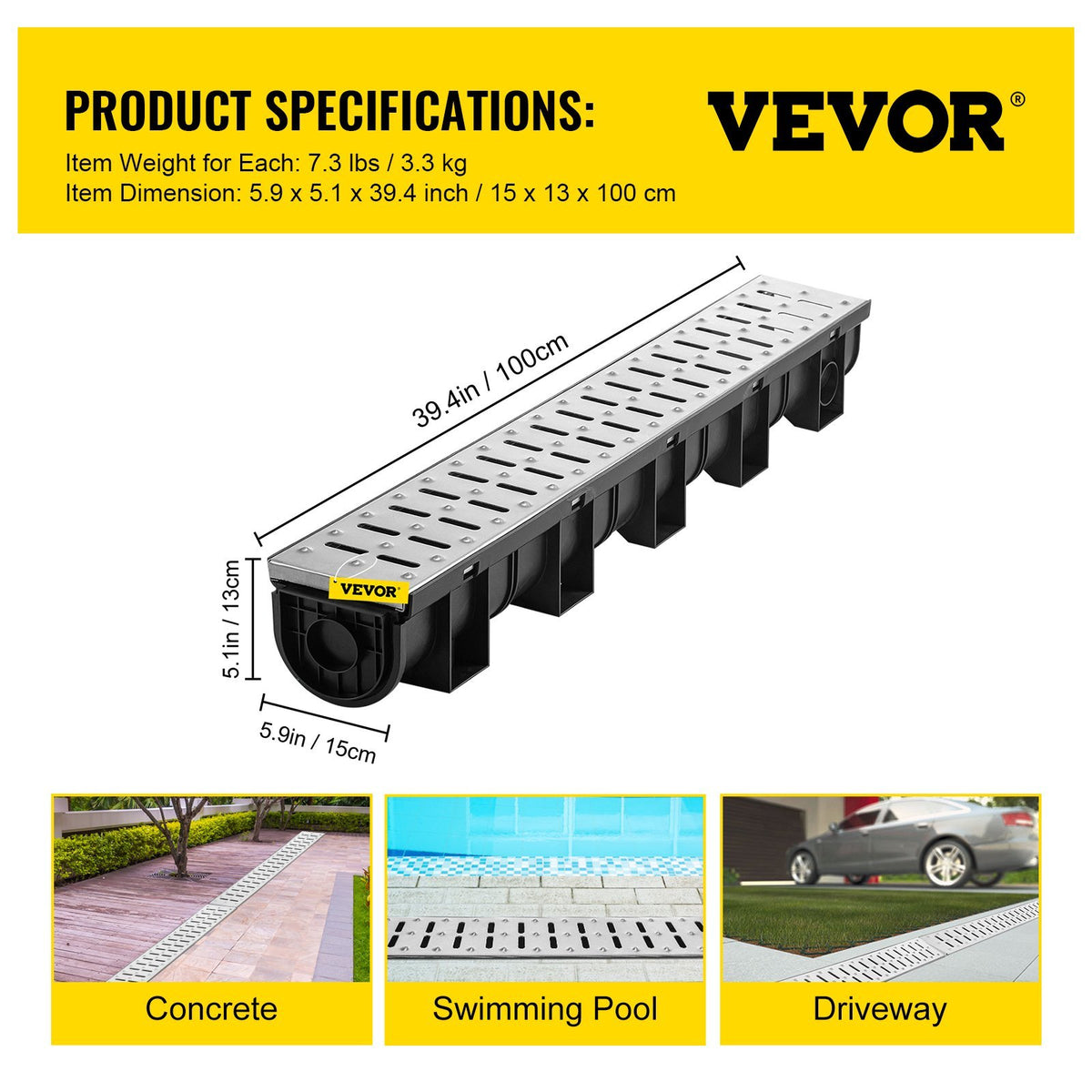 Trench Drain System 3-Pack 39-Inch Channel Drain with Metal Grate