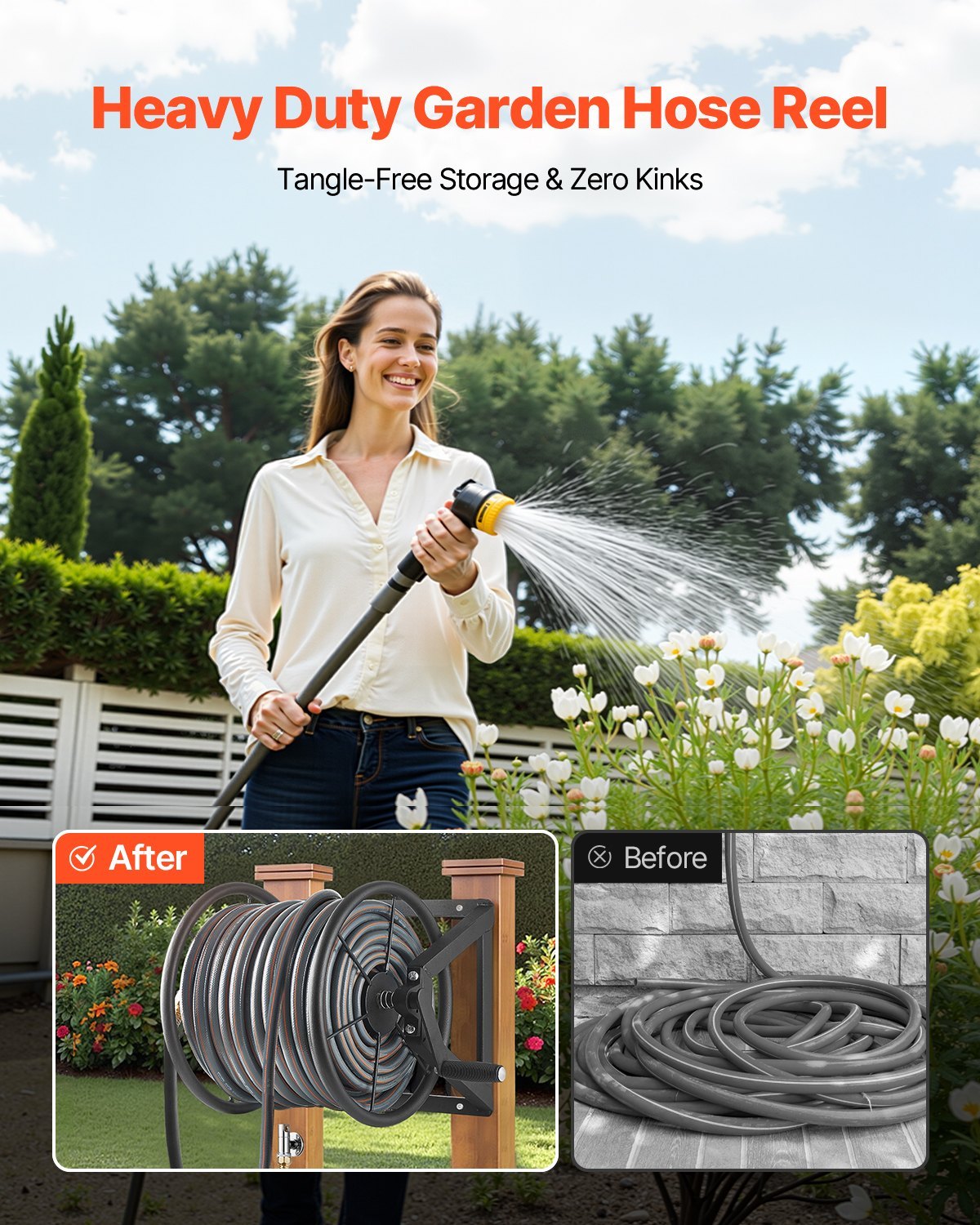 Wall Mount Hose Reel 200ft Heavy-Duty Steel with Brass Fittings