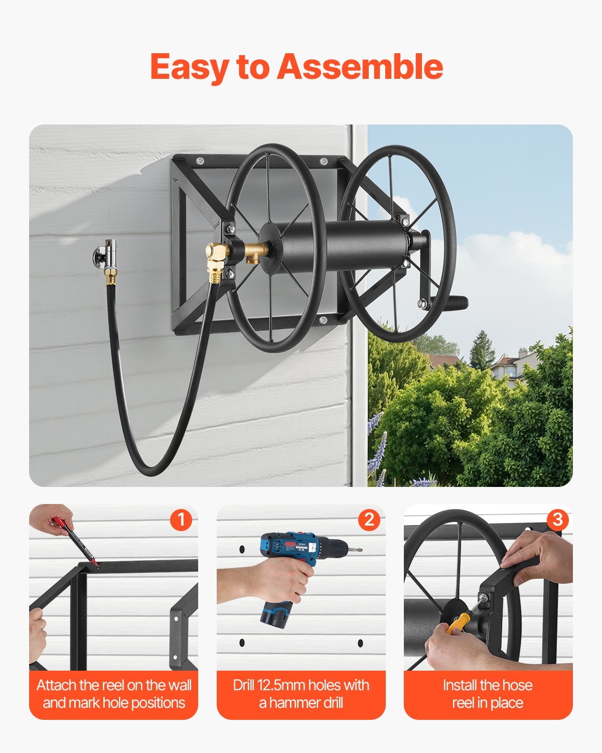Wall Mount Hose Reel 200ft Heavy-Duty Steel with Brass Fittings