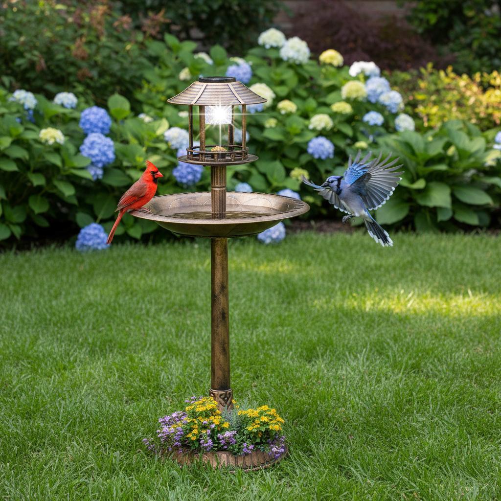 42 in. Solar-Lighted Bird Bath – Antique Bronze Resin with Fleur-de-Lis Detail