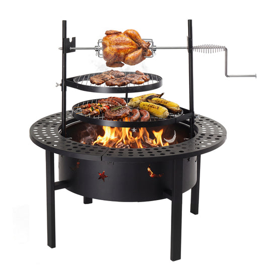 33-Inch Outdoor Fire Pit & BBQ Grill with Rotisserie & 2 Cooking Grates
