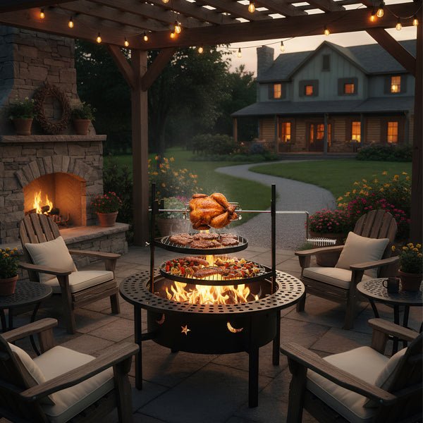 33-Inch Fire Pit & BBQ Grill with Rotisserie, 2 Grates - Rooted Supplies