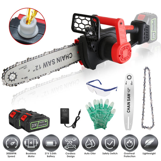 Electric chainsaw with accessories on a white background