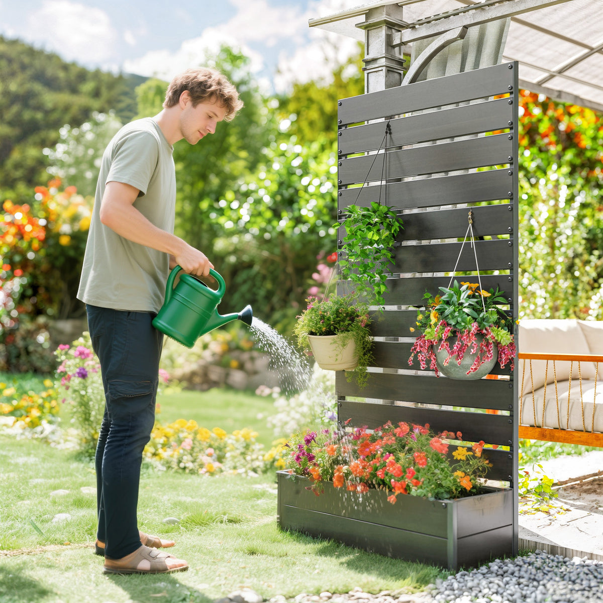 Raised Garden Bed with Trellis, 35.75" x 70.75", Black - Rooted Supplies