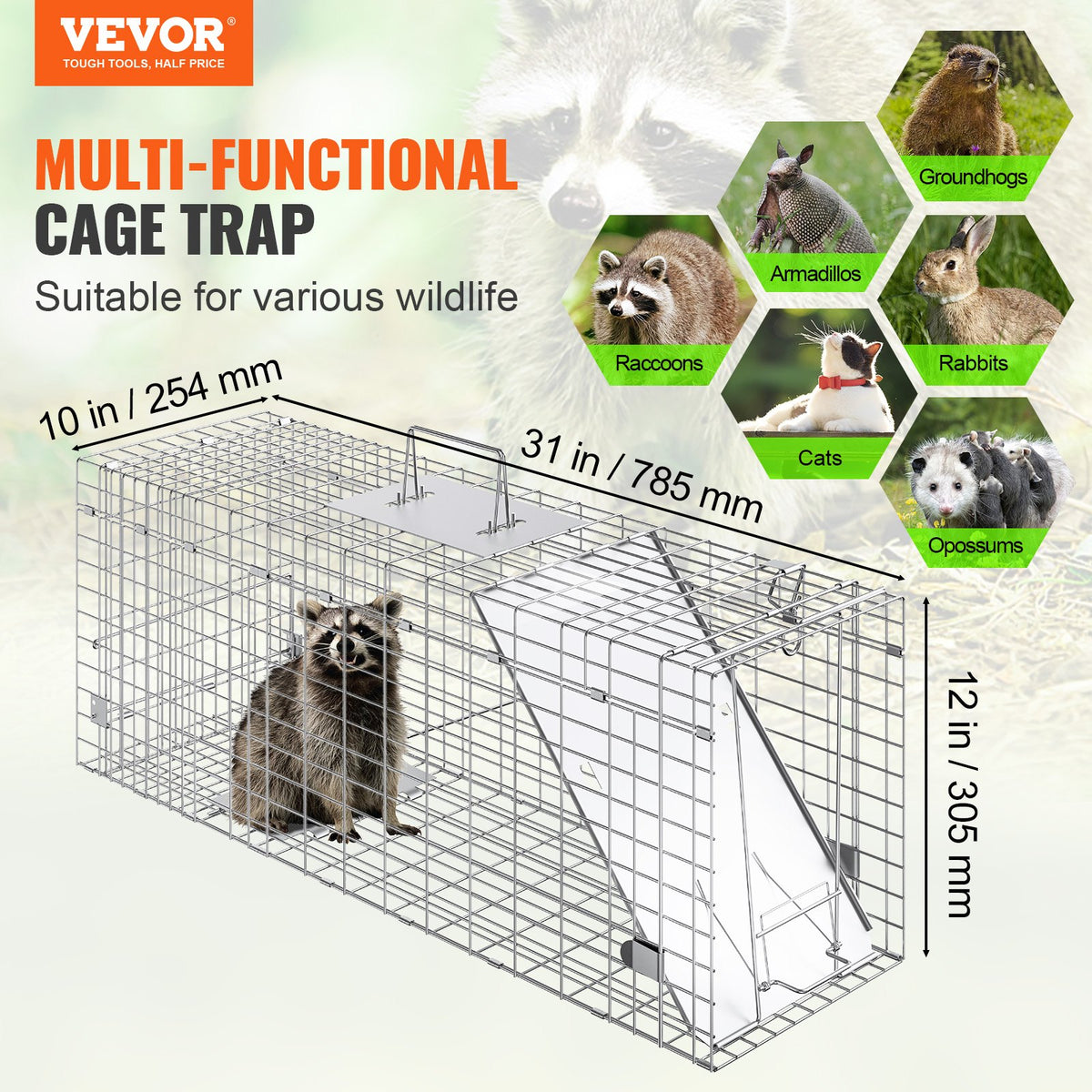 Live Animal Cage Trap, 31 x 10 x 12 In, Silver