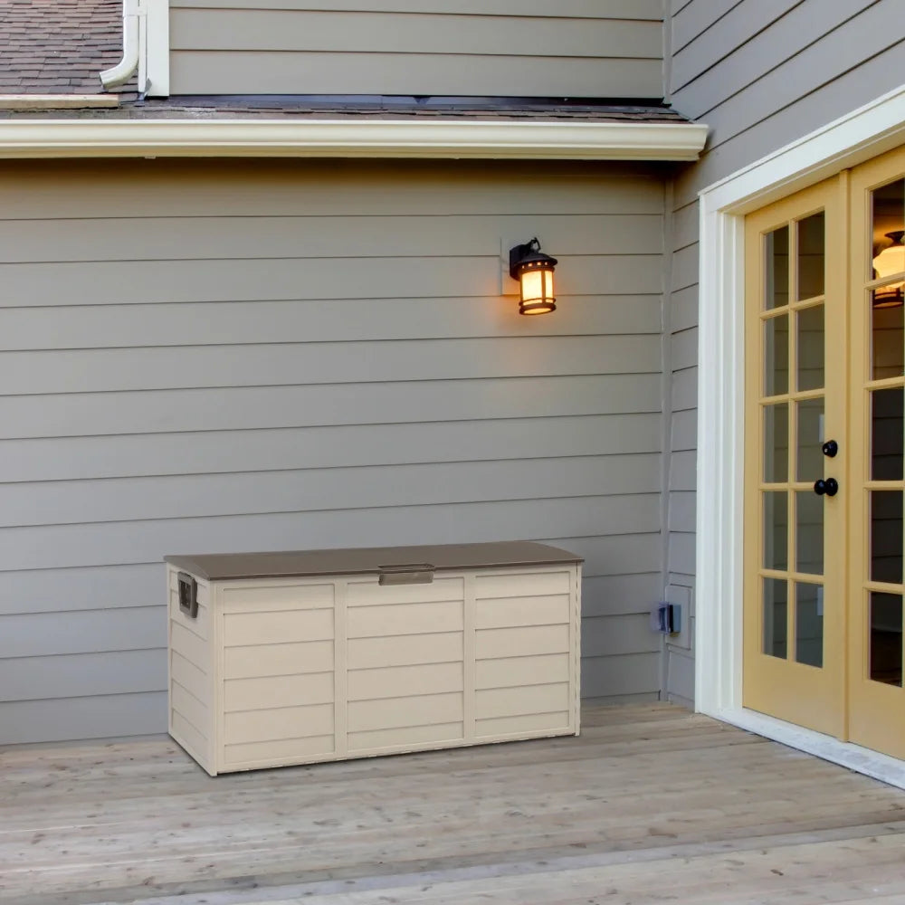 75 Gallon Plastic Yard Storage Box with 2 Wheels & Lockable Seat, Outdoor Storage Deck Box Chest for Backyard, Porch, Patio, Garden, All-Weather Storage Container for Tools, Toys, Brown