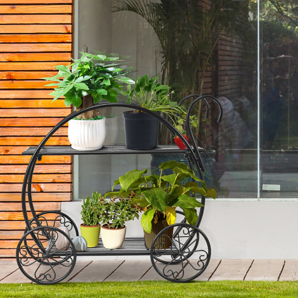 26" Black Rolling Plant Stand – 2-Tier Parisian Cart Style, Indoor & Outdoor