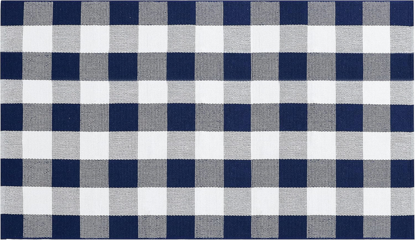 Buffalo Plaid Outdoor Rug Navy Blue 3'X5', Cotton Hand-Woven Checkered Door Mat, Reversible Foldable Washable Outdoor Rug for Layered Door Mats Porch/Front Door (35.4''X59'')