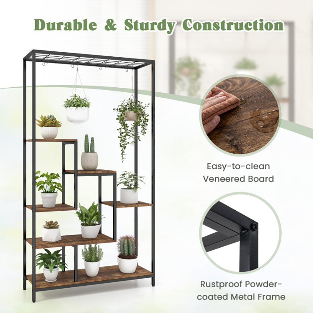 6-Tier Corner Plant Stand with Hooks Tall Metal Shelf for Indoor Plants