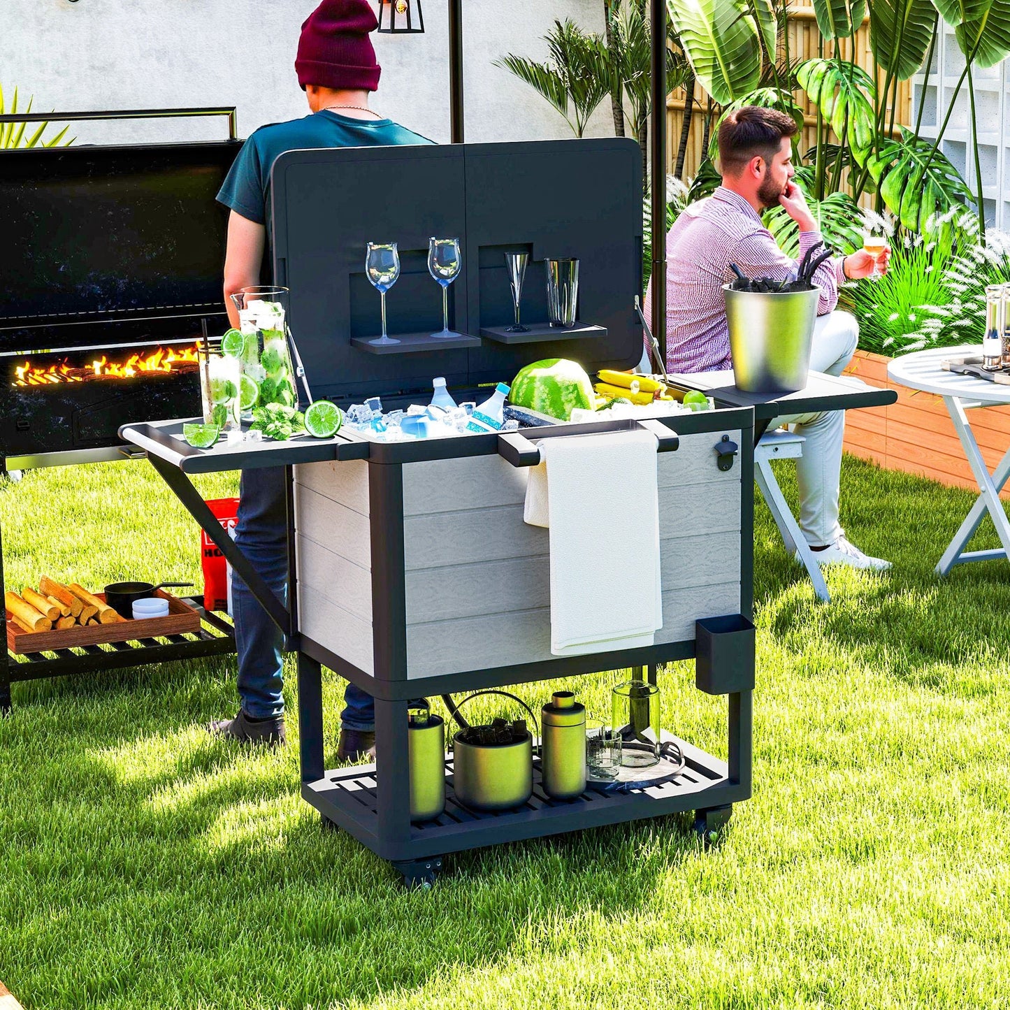 104-Quart Rolling Patio Cooler Cart – 48-Hr Ice Retention, Bottle Opener & Side Tables - Rooted Supplies