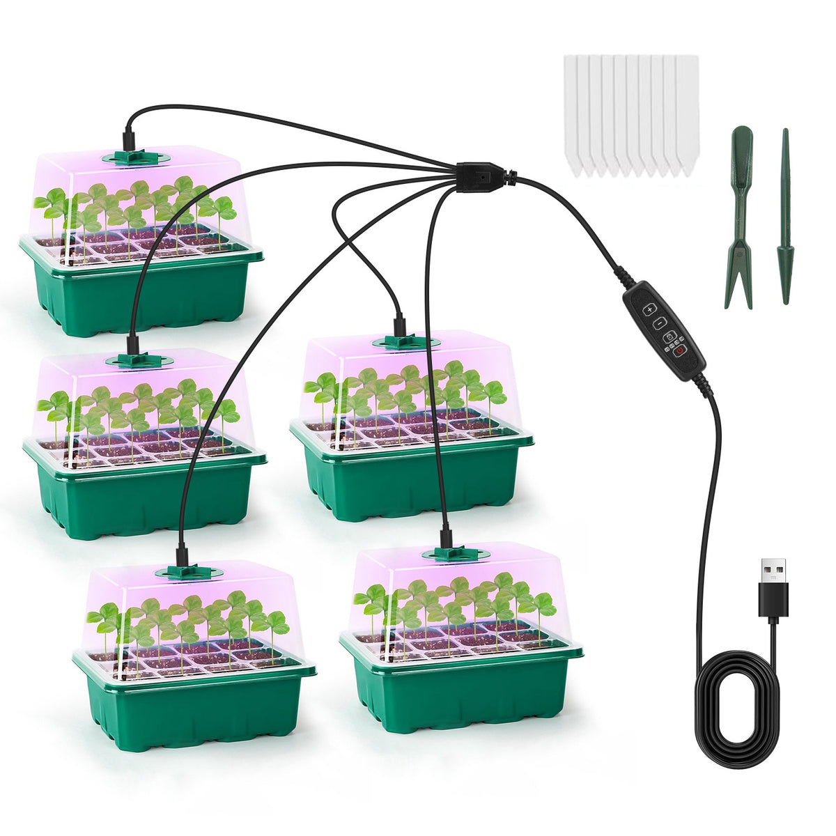 Set of seedling trays with a USB-connected grow light and small tools on a white background