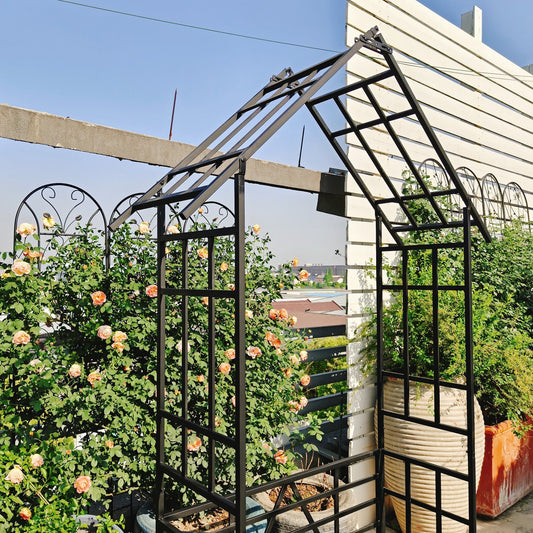 Metal Garden Arch with Convertible Flower Stand & Bench – 97" Climbing Plant Support - Rooted Supplies