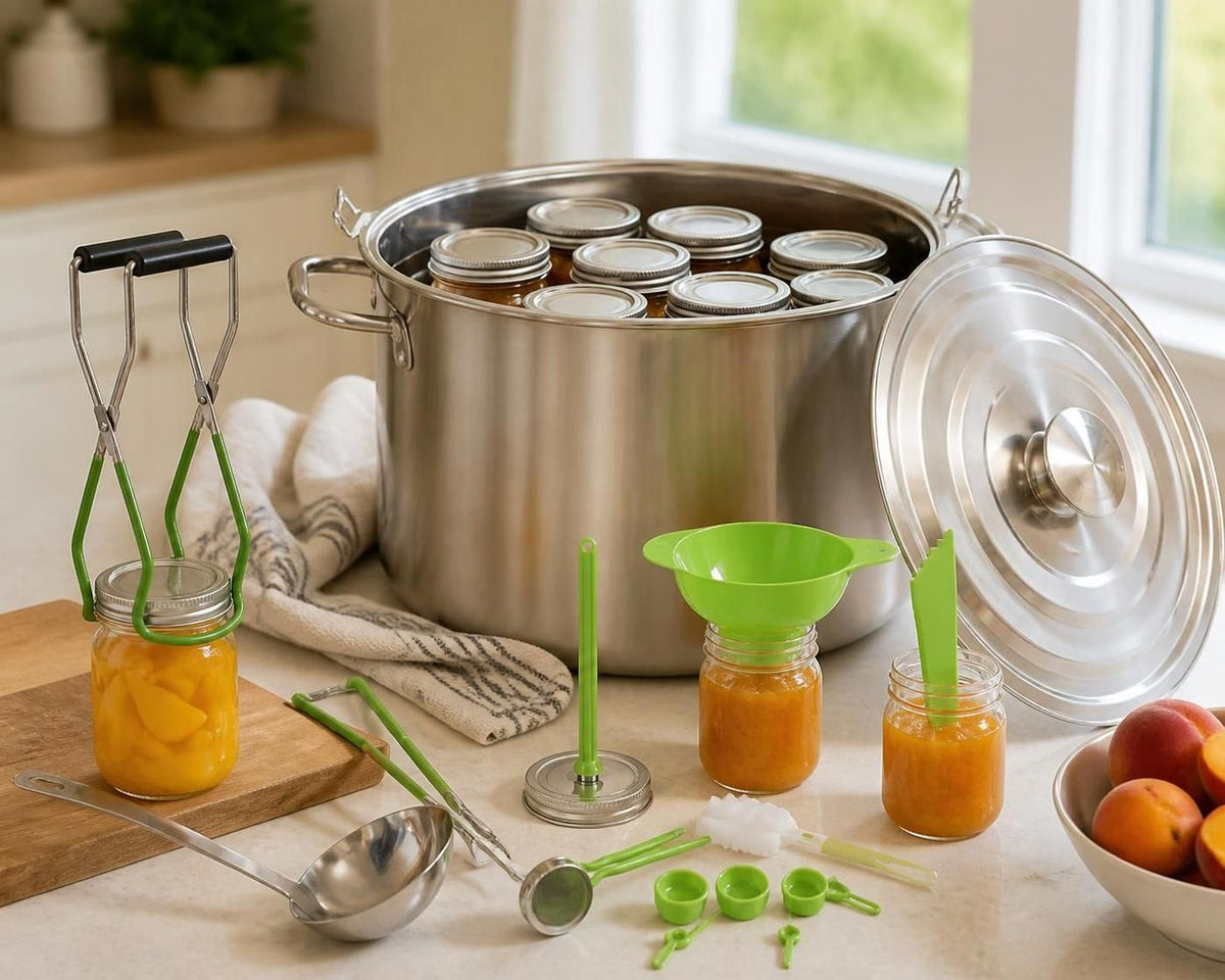 A stainless steel canning pot with multiple glass jars inside, shown on a kitchen counter with a metal lid leaning against it. Green-handled jar lifter, funnel, measuring cups, ladle, and other canning accessories are arranged around it, with apricots and peaches in jars and a bowl of fruit nearby.