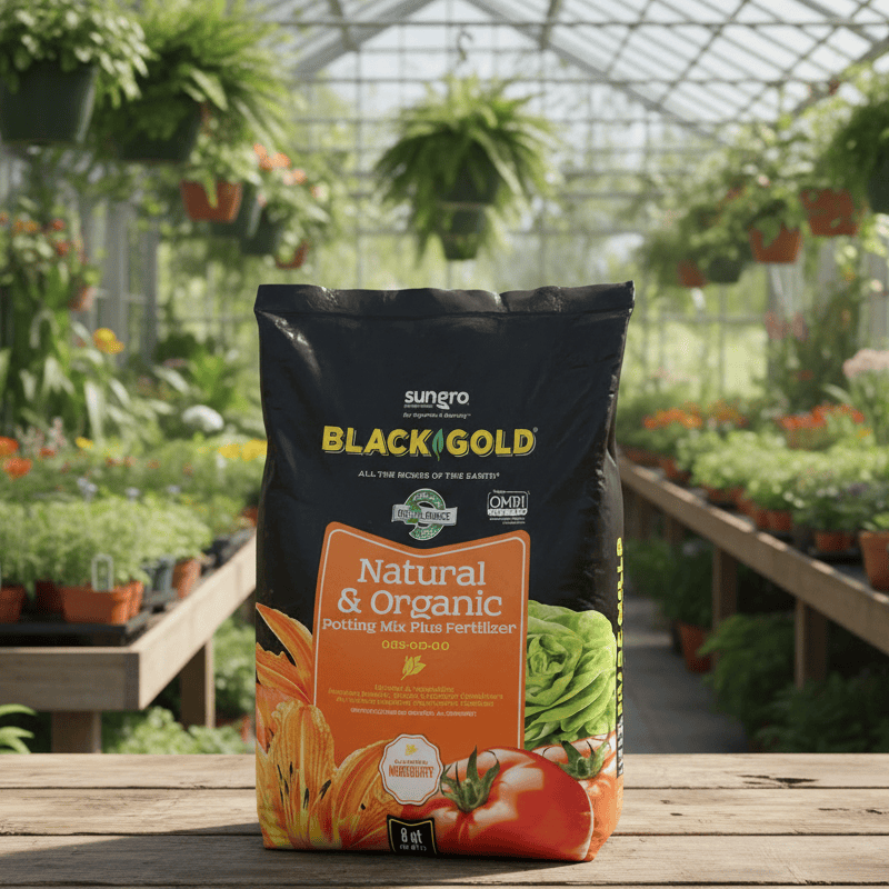 A bag of Sungro BlackGold Natural & Organic Potting Mix Plus Fertilizer stands on a wooden table inside a bright greenhouse with rows of potted plants in the background.