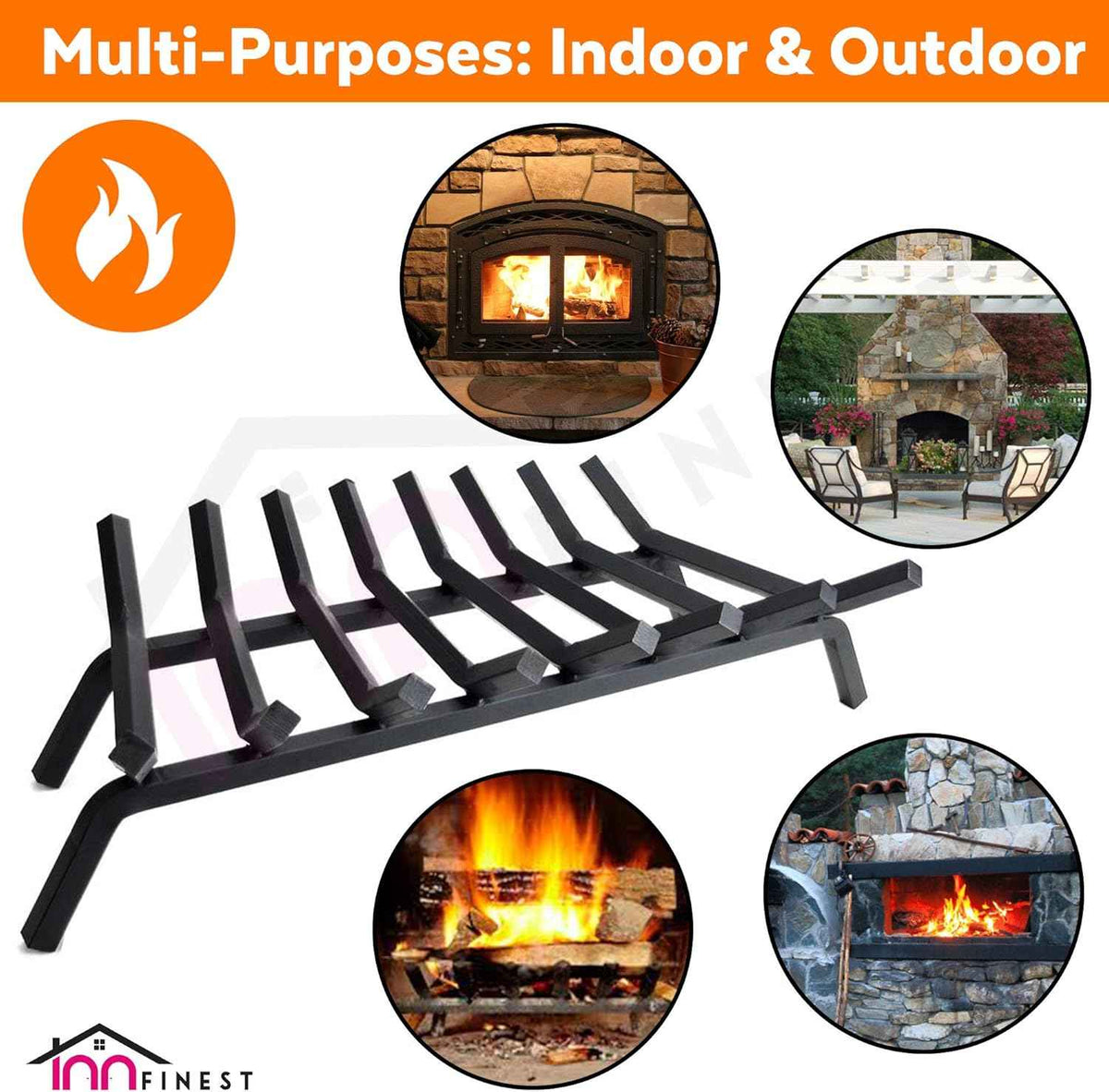 V-Shaped Fireplace Grate, 90 cm Outer Width, 8 Steel Bars