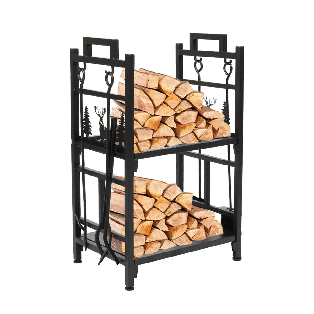 Black metal two-tier firewood stacker holding stacked logs, shown on a plain white background.