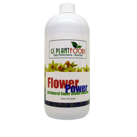Bottle of GS Plant Foods Flower Power on a white background