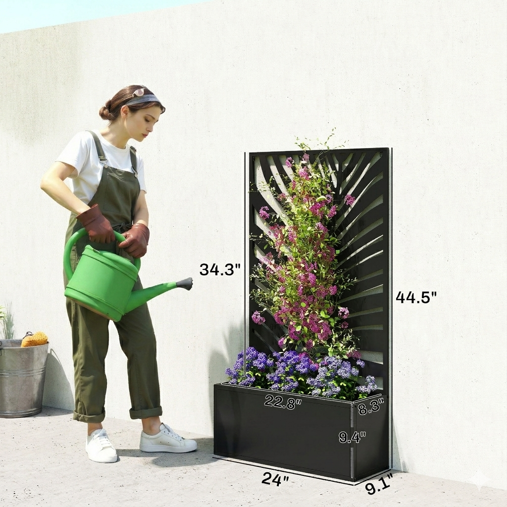 Metal Planter with Leaf-Pattern Trellis, Black