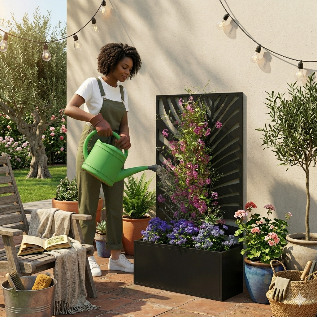 Metal Planter with Leaf-Pattern Trellis, Black