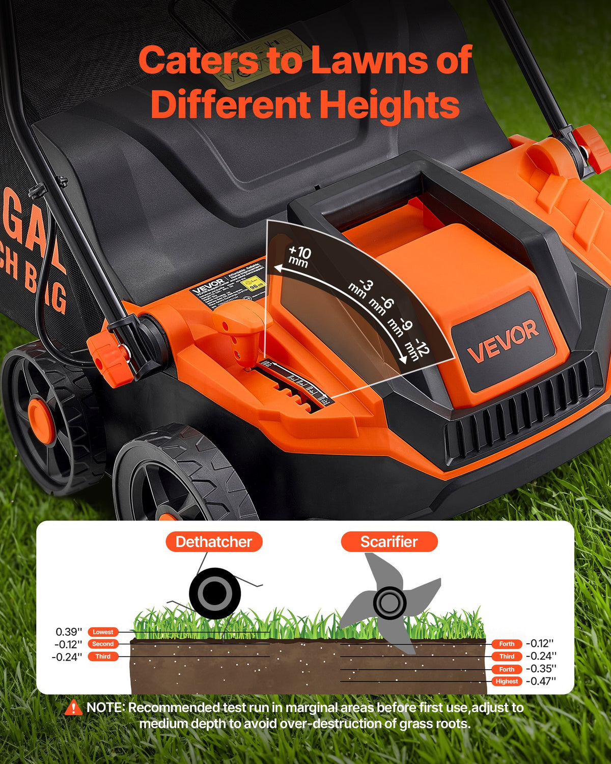 Orange and black electric dethatcher with Vevor branding on a grassy background
