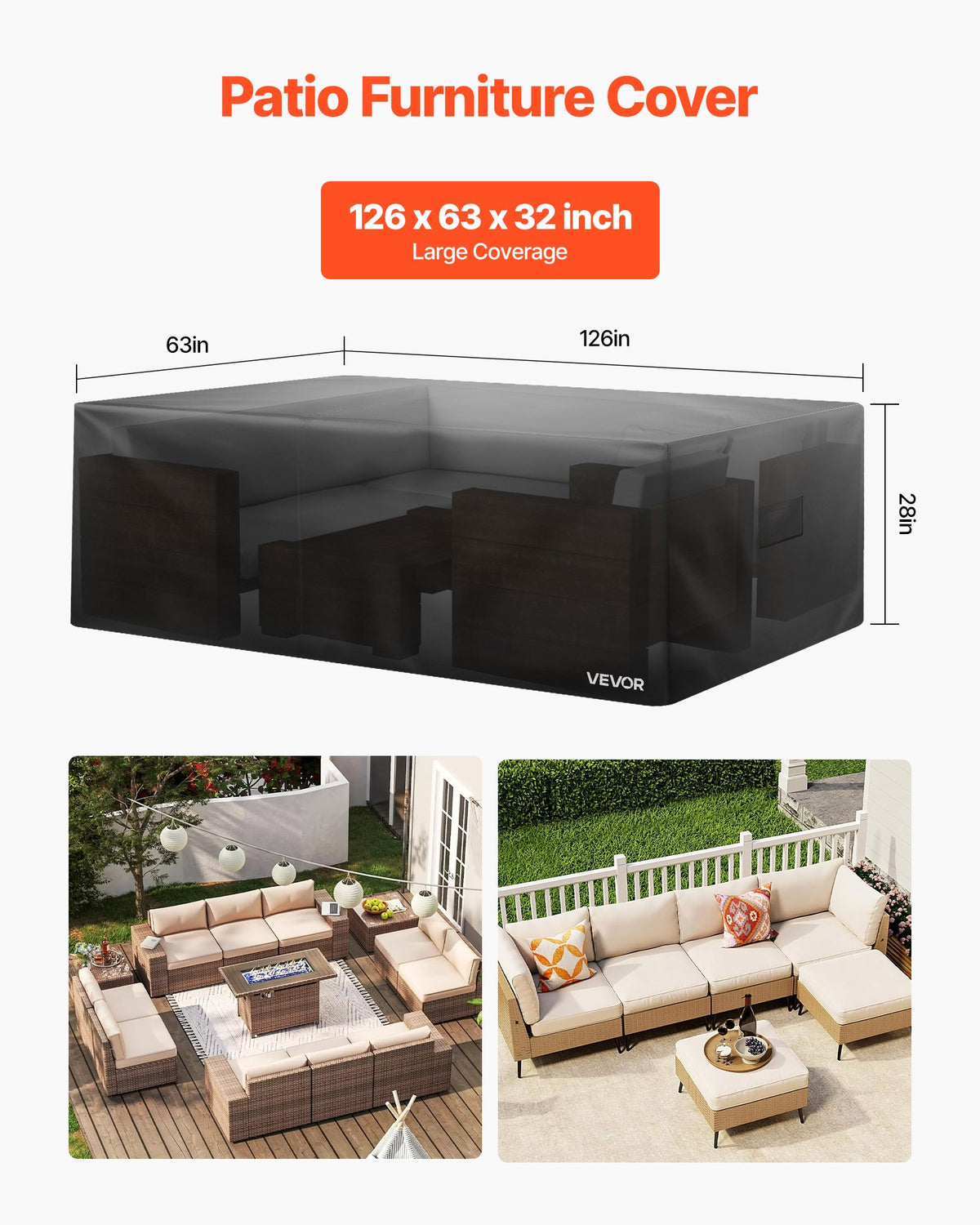 Patio furniture cover with dimensions, shown with outdoor furniture.