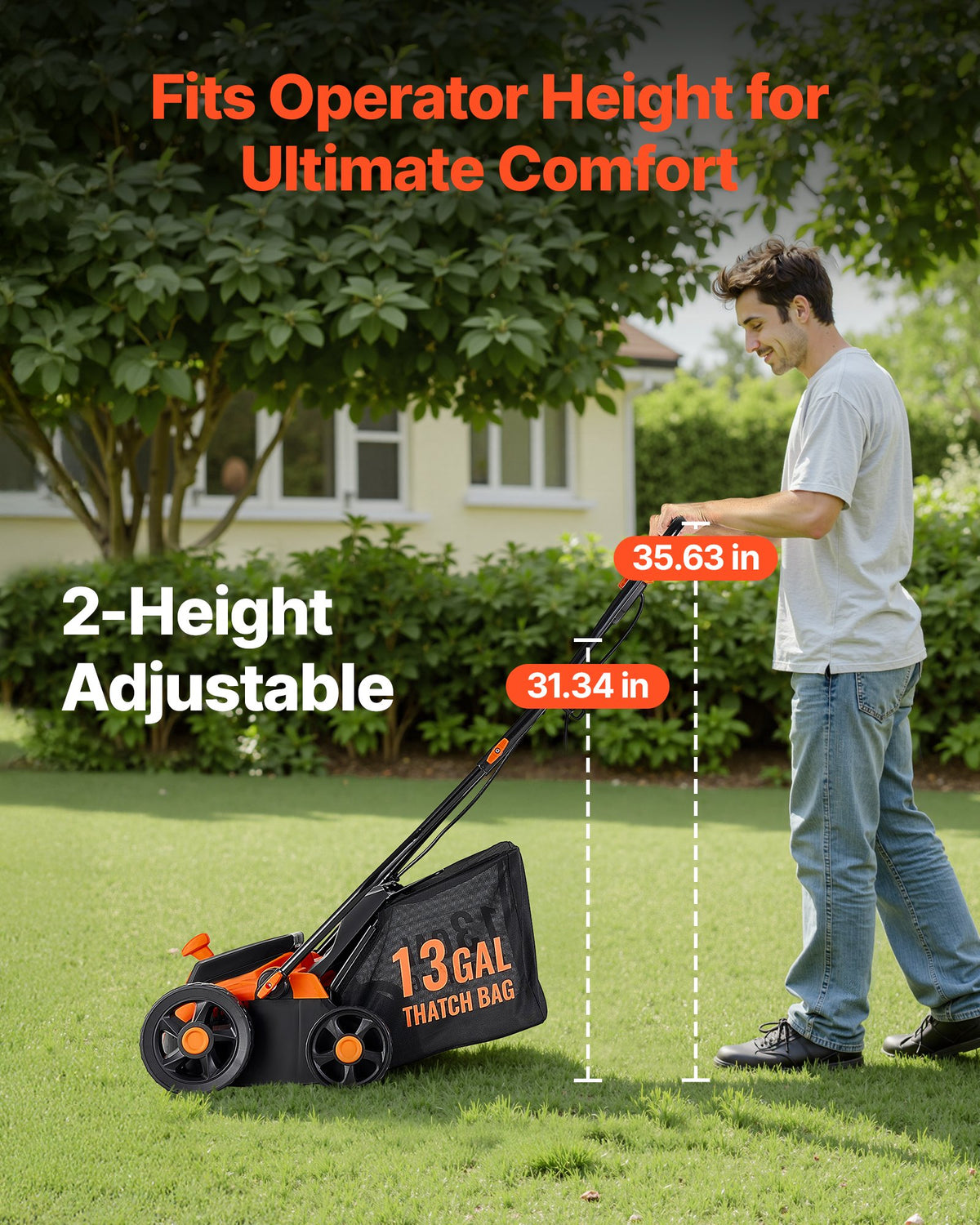 Person using a electric dethatcher with height adjustment feature, set against a green outdoor background.