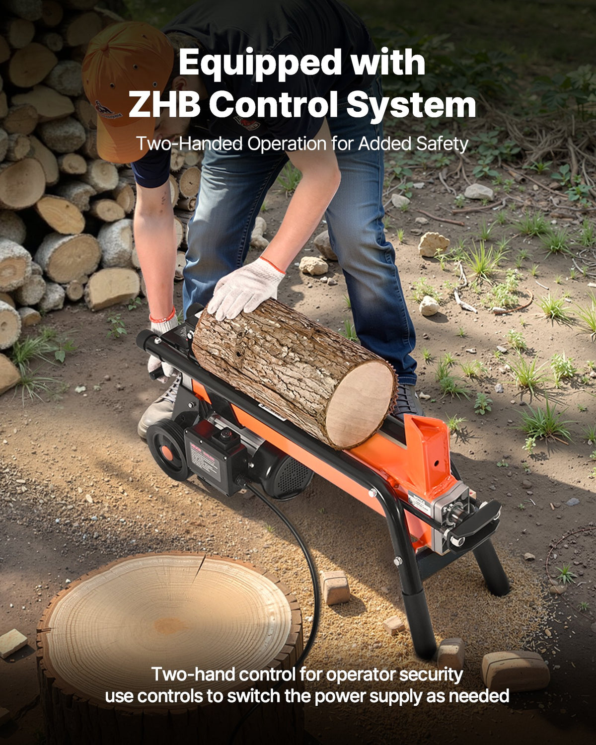 Person using a log splitter with ZHB control system in a forest setting.