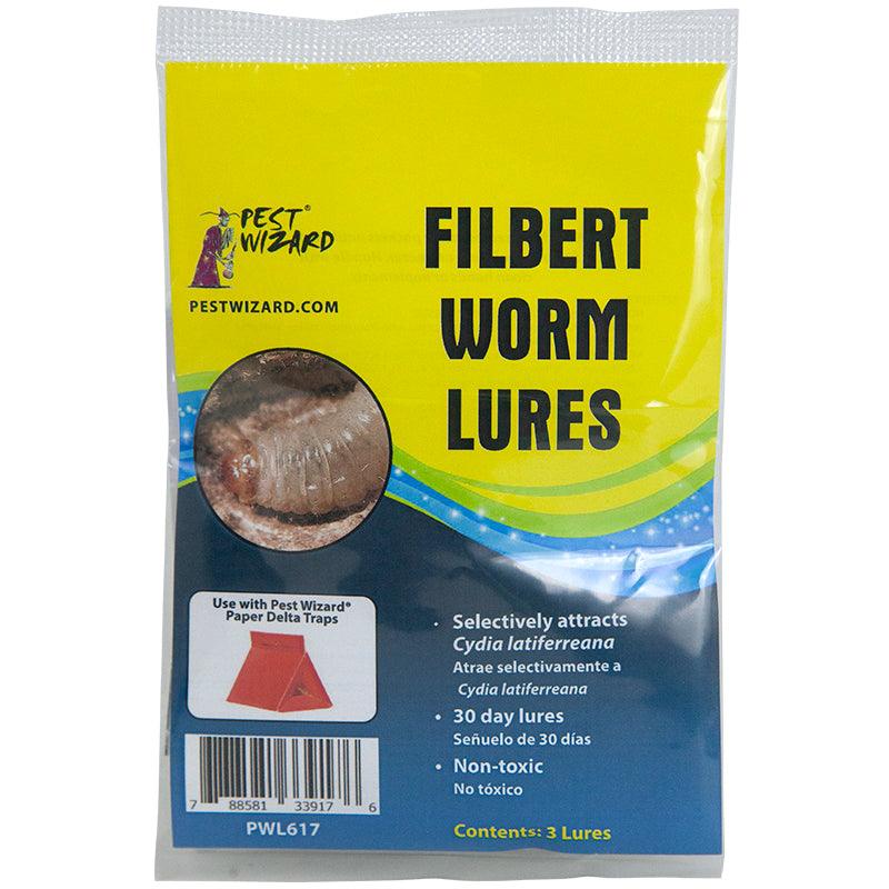 Package of Pest Wizard Filbert Worm Lures with yellow and blue design.