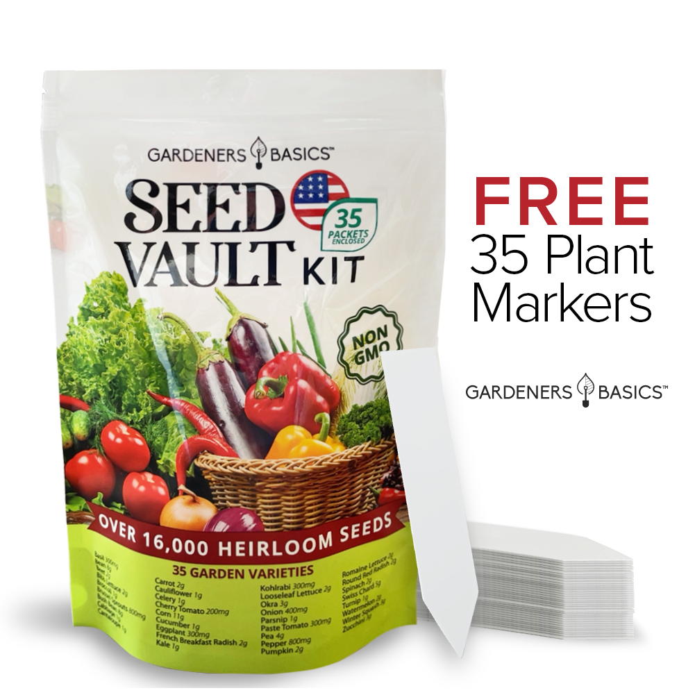 Vegetable Seed Vault Kit, 35 Non-GMO Heirloom Varieties, 16,000+ Seeds with Plant Markers