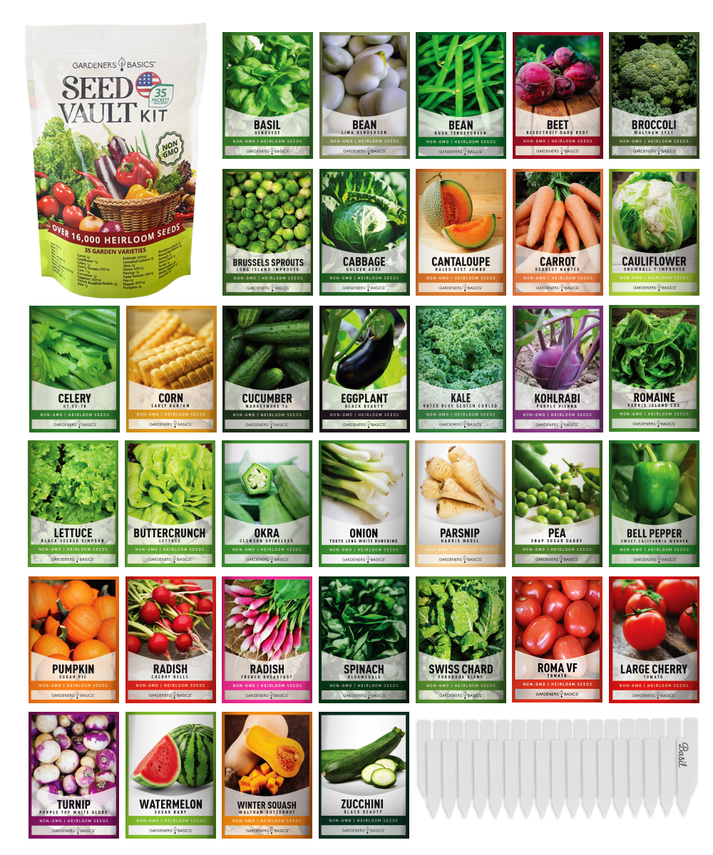 Vegetable Seed Vault Kit, 35 Non-GMO Heirloom Varieties, 16,000+ Seeds with Plant Markers