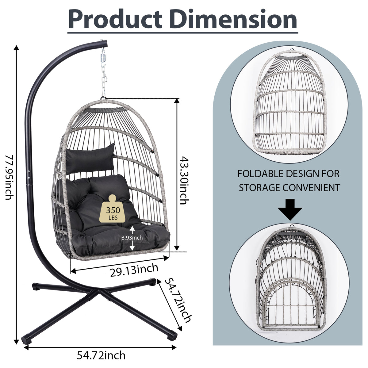 Gray Wicker Hanging Egg Chair – 350 lb Capacity, All-Weather, Foldable with Cushion - Rooted Supplies
