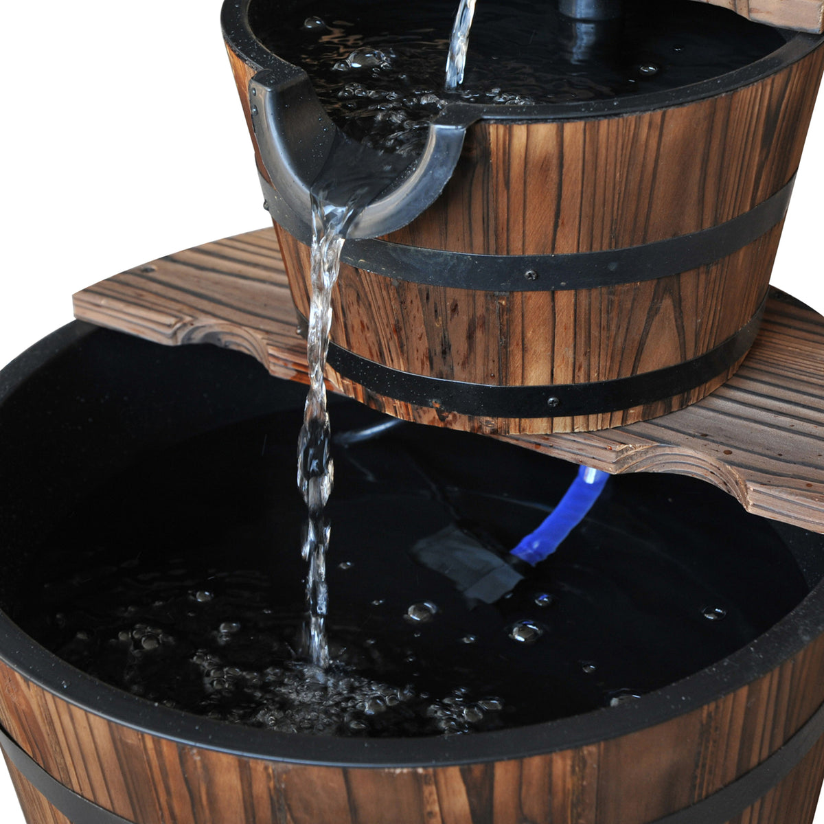 2-Tier Rustic Wood Barrel Outdoor Water Fountain with Pump, 23" - Rooted Supplies