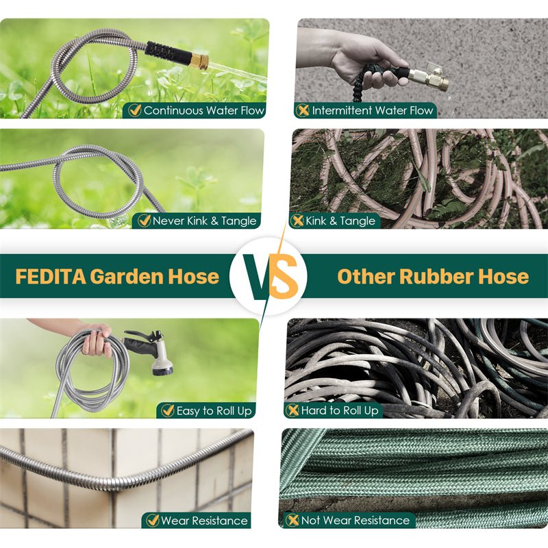 Stainless Steel Metal Garden Hose — Kink Free, 10-Pattern Spray Nozzle, 2 Nozzles | 50FT & 100FT - Rooted Supplies