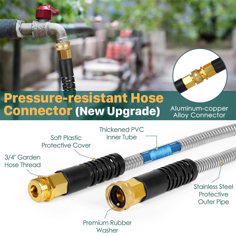 Stainless Steel Metal Garden Hose — Kink Free, 10-Pattern Spray Nozzle, 2 Nozzles | 50FT & 100FT - Rooted Supplies