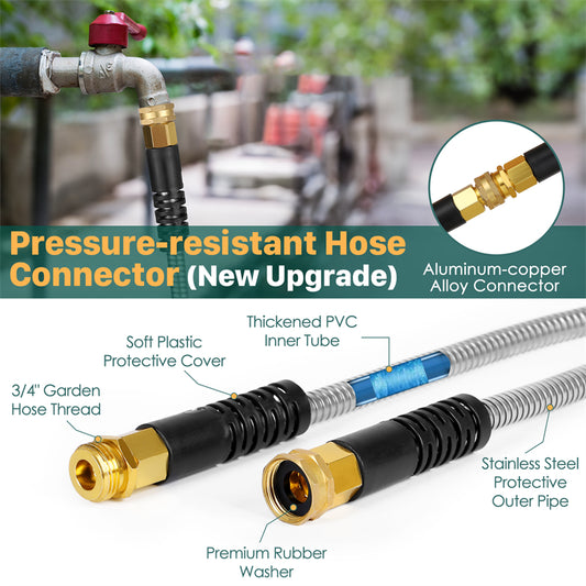 Stainless Steel Metal Garden Hose β Kink Free, 10-Pattern Spray Nozzle, 2 Nozzles | 50FT & 100FT