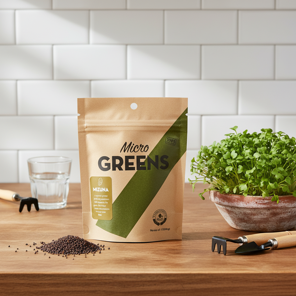 Mizzuna microgreens packaging with seeds on a white background