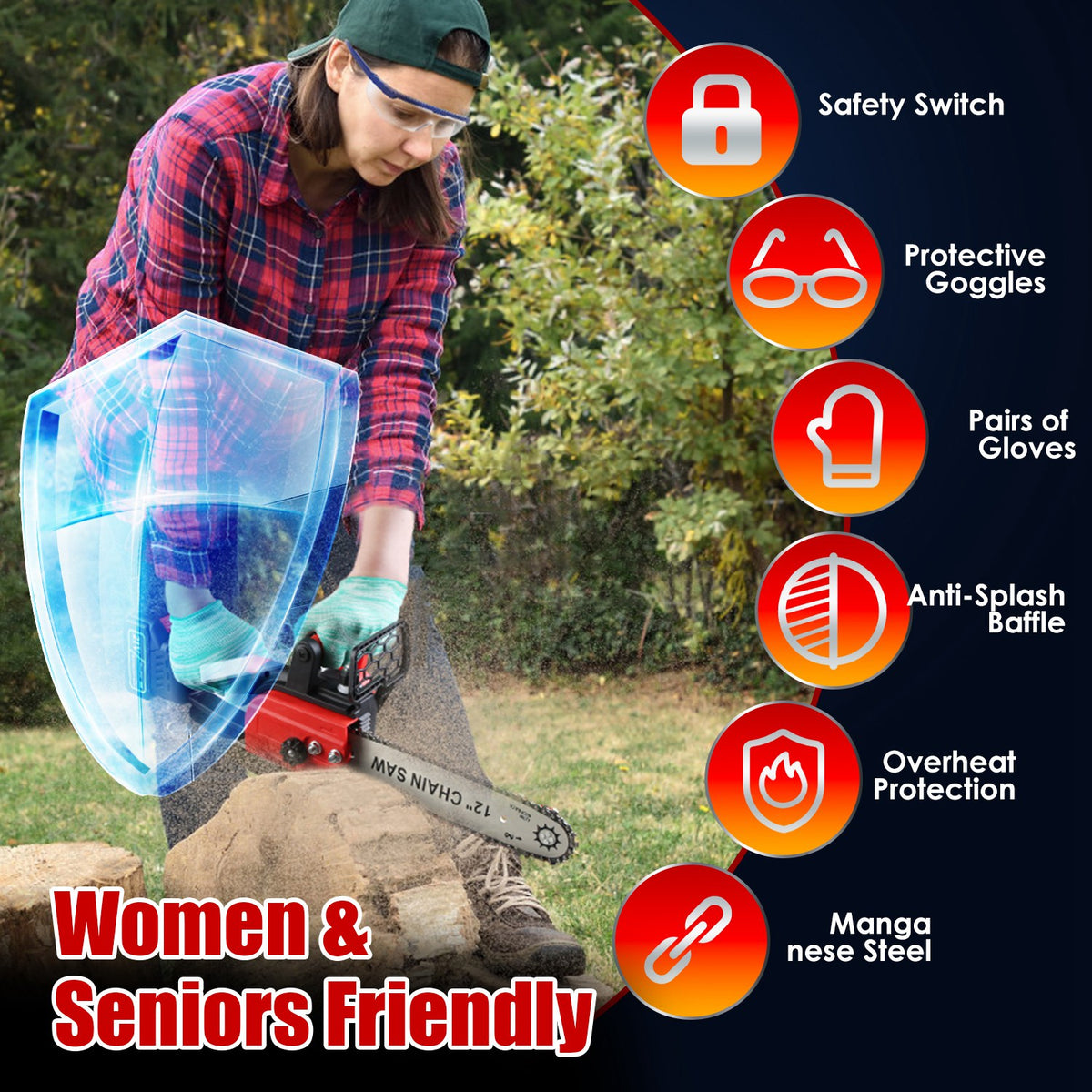 12-Inch Cordless Chainsaw, Red, 3000mAh Battery Option