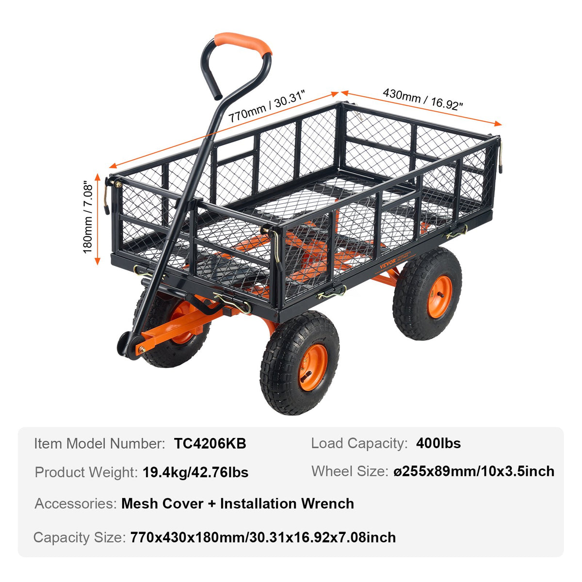 400 LB Garden Dump Cart with 180° Adjustable Handle
