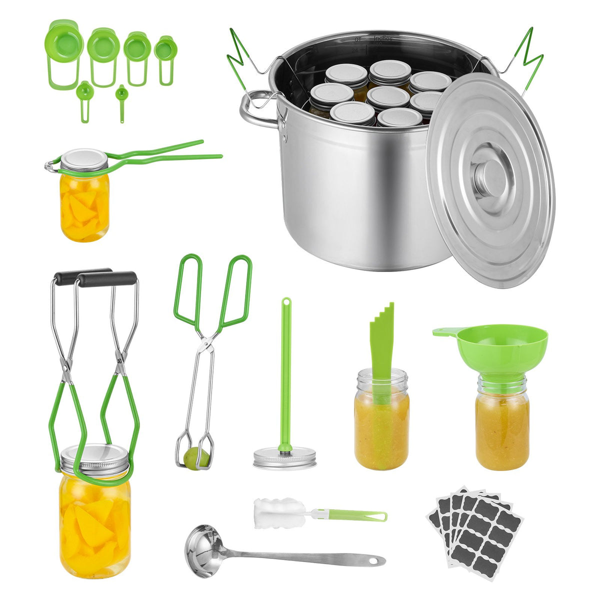 Set of canning tools including a pot, jars, and various utensils on a white background.