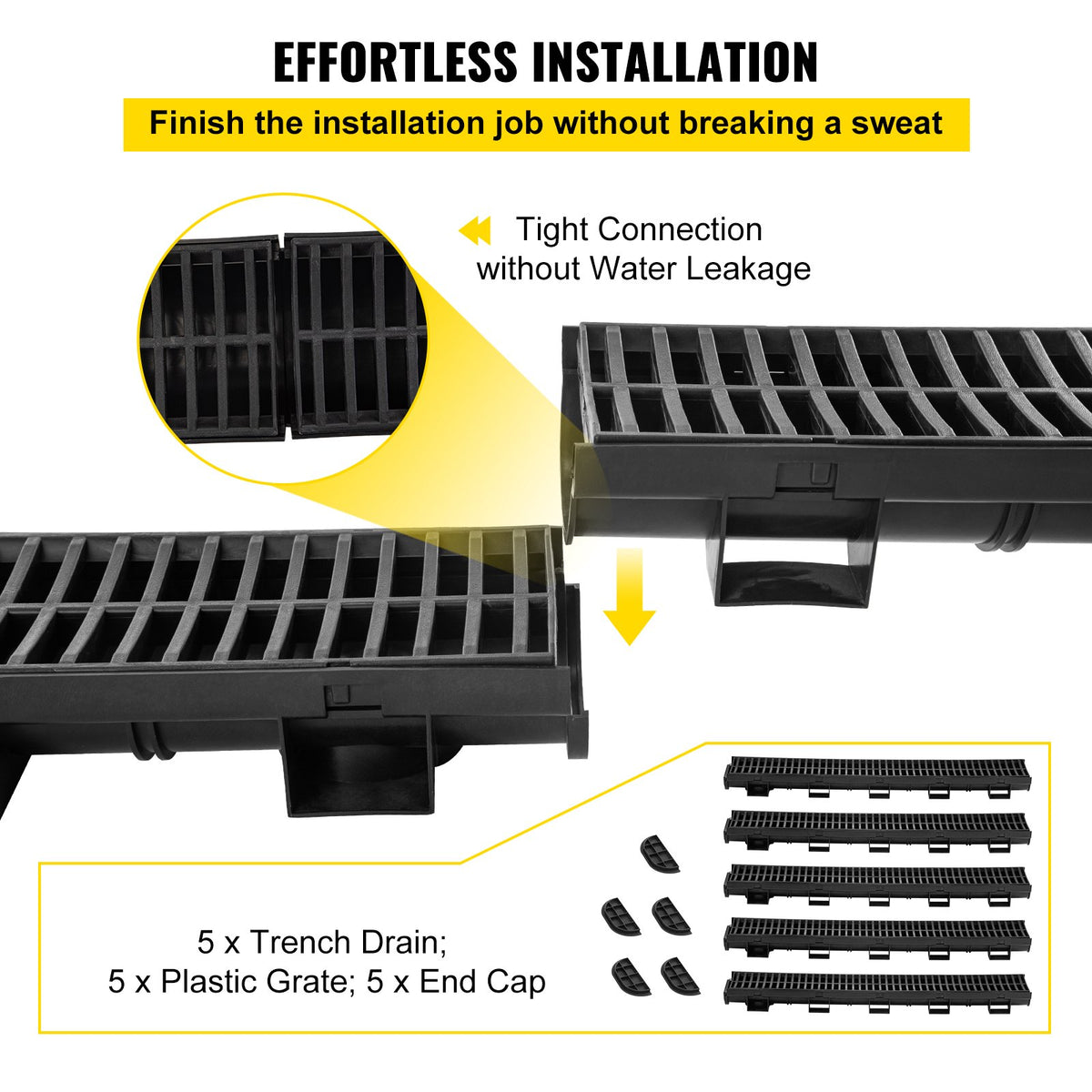 39.4" Trench Drain System with Grate - 5 Pack Driveway Channel Drain