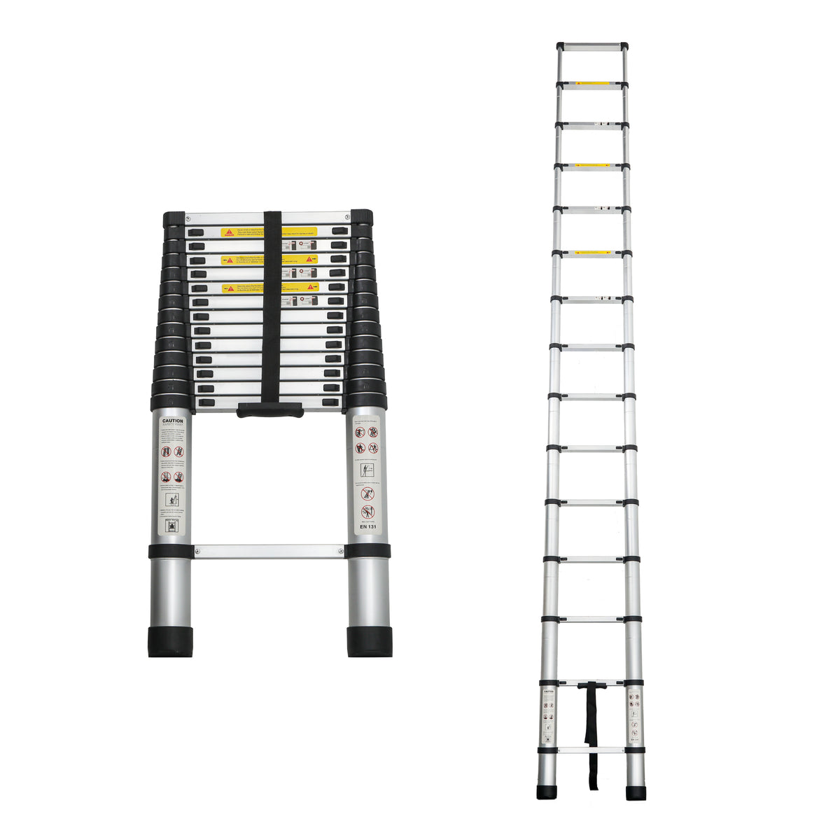 Telescopic ladder shown in both folded and extended states on a white background